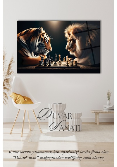 Aslan Ve Kaplan Satranç Cam Tablo Evlika Modern Ev Ofis Salon Hediyelik Büyük Tablo Duvar Dekoru
