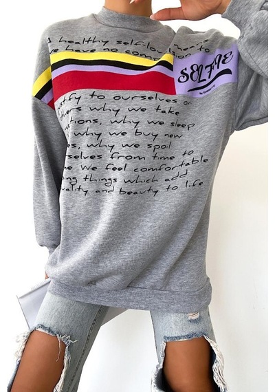 Femelle Yeni Sezon Selfie Baskılı Pamuklu Oversize Sweatshirt Gri