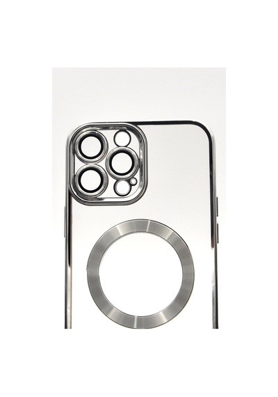 Apple Uyumlu iPhone 13 Pro Max Magsafe Özellikli Gümüş Gri Silver Renkli Kenarlı Lazerli Şeffaf Kılıf Lens Korumalı