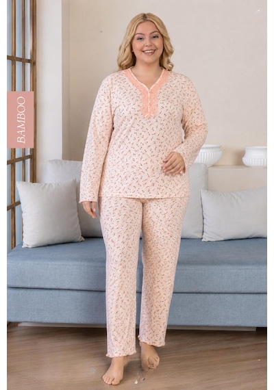 Derya Kadın Büyük Beden Dantel Yaka Bambu Uzun Kol İnce Pijama Takımı 8109p - 1 Adet Pudra Derya Kadın Büyük Beden Dantel Yaka Bambu Uzun Kol İnce Pijama Takımı 8109p - 1 Adet Pudra