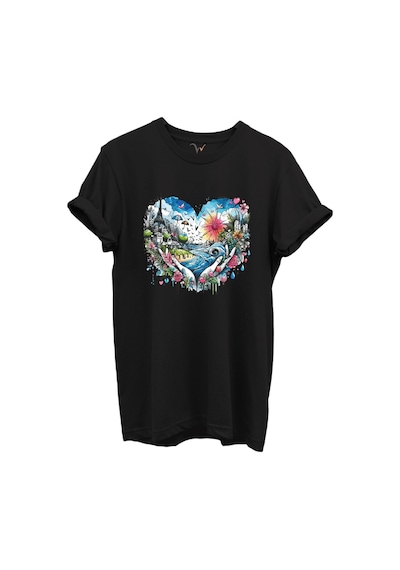Kalp Şehir Manzaralı Renkli Baskılı %100 Pamuk Regular Fit Unisex T-shirt Siyah