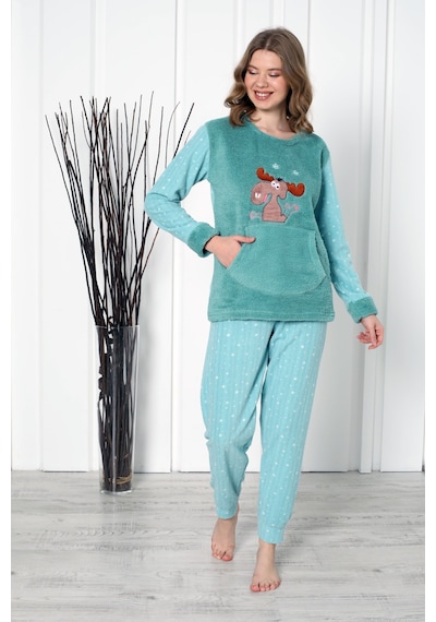 Wordex Fwn 04-3301 Peluş Welsoft Polar Kışlık Yumoş Geyikli Kadın Pijama Takımı Yeşil