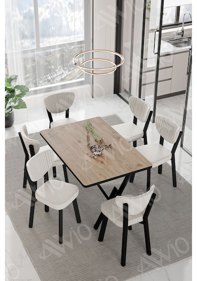 Avvio Dora Elma Sandalye 80x140 Yemek Masası Mutfak Masası 6 Kişilik Masa Sandalye Takım Akça