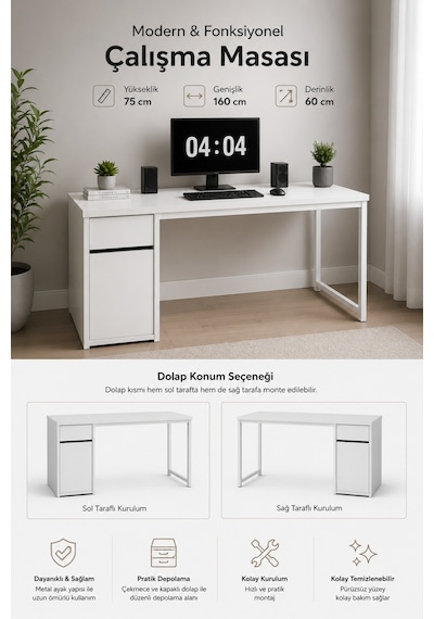 Beyaz Çekmeceli Kapaklı 160 Cm Çalışma Masası, Bilgisayar Masası, Ofis Masası, Metal Ayaklı, Raflı, Kesonlu