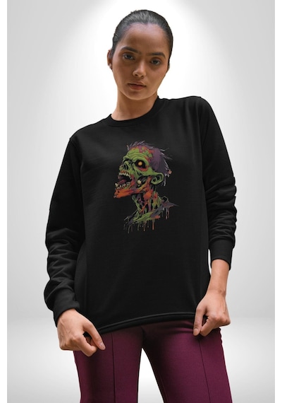 Zombi Kafası Unisex Siyah Baskılı Sweatshirt Siyah
