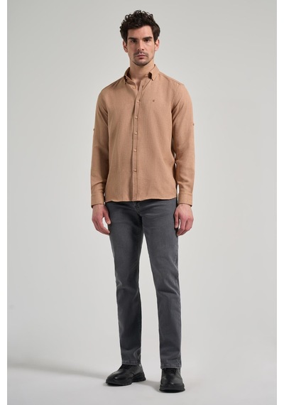 İmza Camel Kısalabilir Kol Düz Gabardin Düğmeli Yaka Cepsiz Casual Slim Fit Gömlek 1004250124 595 Camel