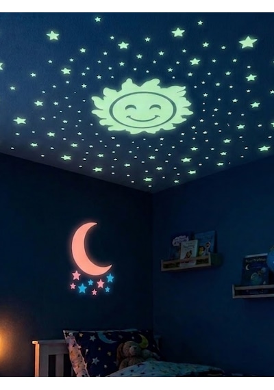 Mucit Home Güneş Ay Figürlü Renkli Yıldızlı Fosforlu Duvar Süsü Gece Parlayan Fosfor