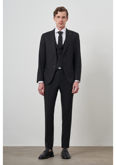Morven Erkek Siyah Trend Yelekli Slim Fit Sivri Yaka Takım Elbise 25mc001069001 Siyah