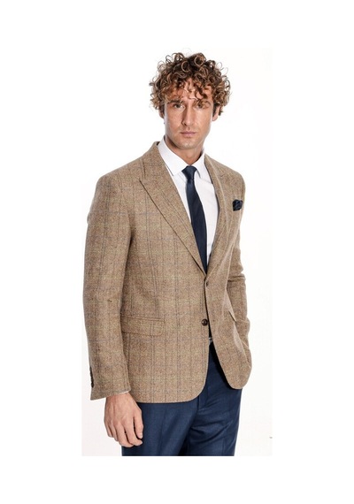 Wessi Balıksırtı Desen Slim Fit Yün Taba Erkek Ceket Taba