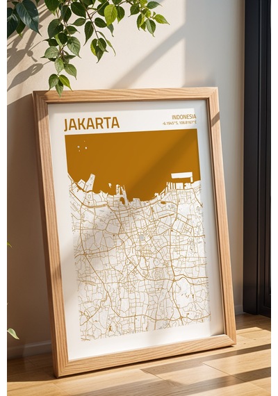 Cakarta Endonezya Jakarta-ındonesia Haritası Çerçeveli Tablo Lüks Salon Duvar Dekorasyonu Tablo Kayın