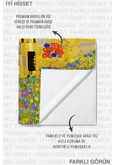 Sanatsal Figürlü Altın Sarısı Plaj Havlusu - Modern Floral Portre Hızlı Kuruyan Mikrofiber Havlu Çok Renkli