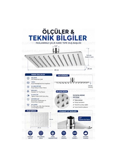 Paslanmaz Çelik Yağmur Duş Başlığı Kare Krom Tepe Duş Başlığı Geniş Su Dağılımlı Standart 1/2" Bağla Çok Renkli