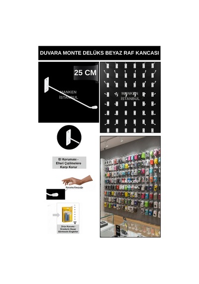 Duvara Monte Kanca Koruma Kauçuklu Beyaz 25 Cm Deluxe Raf Askısı Suntaya Monte 95 Adet Beyaz