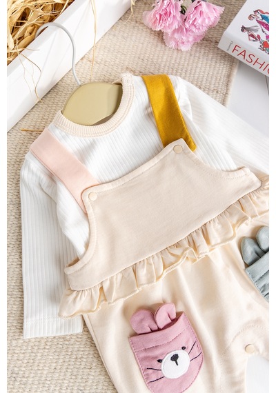 Baby Mod Tavşan Fiğürlü100% Pamuk Kız Bebek Salopet 2'li Tulum Krem