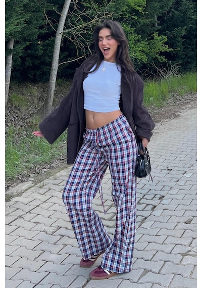Madmext Kırmızı Ekoseli Kadın Pantolon Mg2401 Kırmızı