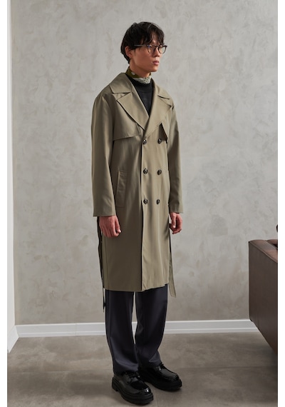 Erkek Kruvaze Yaka Oversize Trençkot Haki