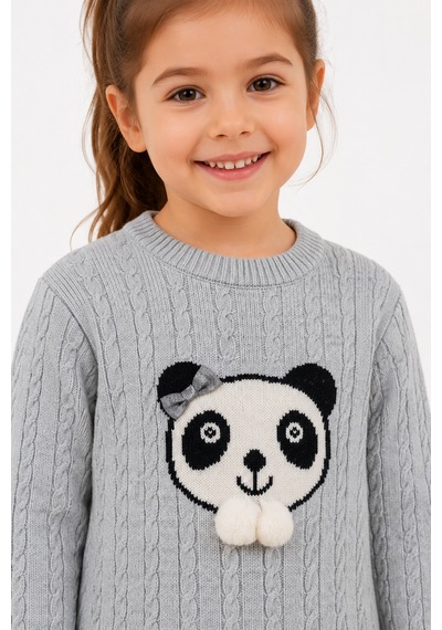 Babyhola 1-5 Yaş Kız Çocuk Panda Desenli Saç Örgü Kışlık Triko Takım 23217 Gri
