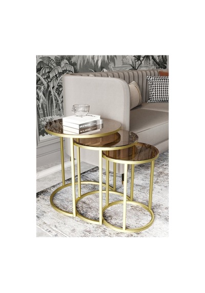Milas C Zigon Sehpa Gold Eskitme Rengi Bronz Cam Pirinç Eskitme