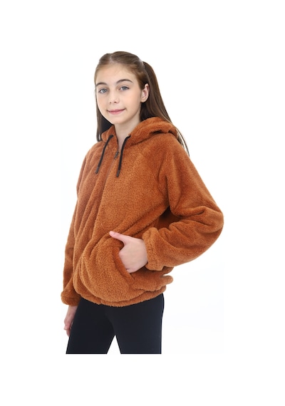 Toontoy Kız Çocuk Kapüşonlu Fermuarlı Cepli Reglan Kol Peluş Hırka Kiremit