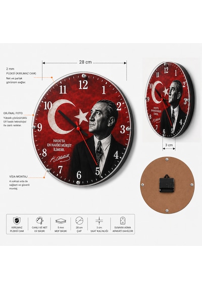 Atatürk Ve Türk Bayrağı Temalı 28 Cm Dekoratif Duvar Saati Ev Ofis Okul Duvar Saati