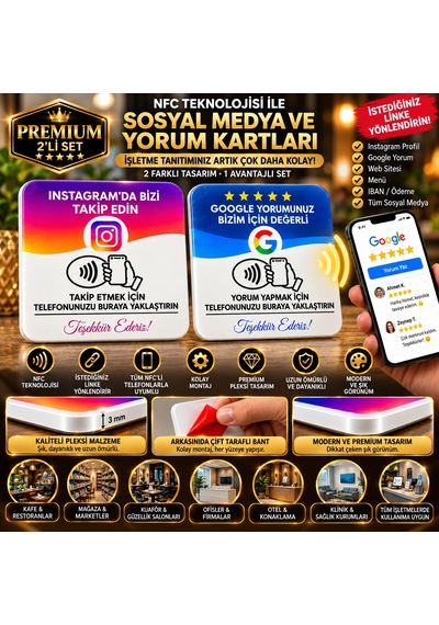 Premium Nfc İnstagram Takip Ve Google Yorum Kartı 2'li Premium Seti