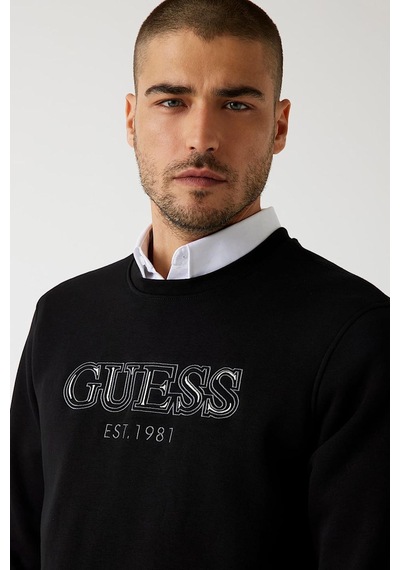 Guess Erkek Fleece Nakışlı Logo Sweatshirt - Siyah Siyah
