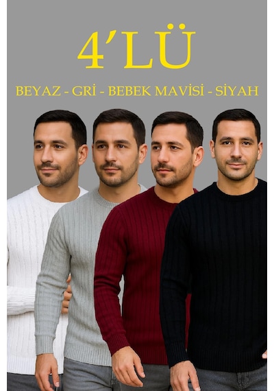 Barlashive Erkek Fitilli Triko Bisiklet Yaka Kalın Kazak 4'lü Set Beyaz-bordo-gri-siyah Çok Renkli