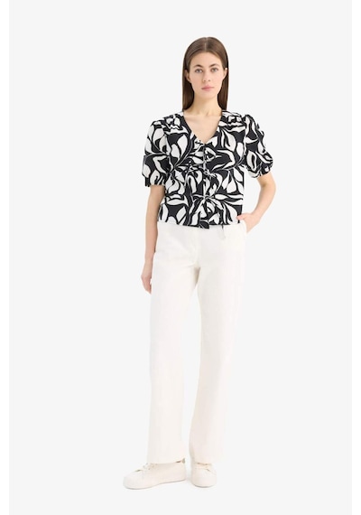 Defacto Regular Fit V Yaka Desenli Önden Bağlamalı Kısa Kollu Bluz F0090ax25smwt34 Beyaz