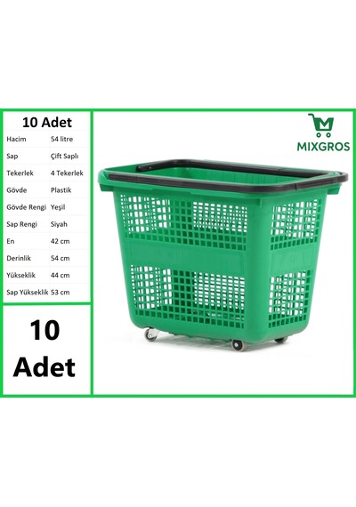 Tekerlekli Plastik Market Alışveriş El Sepeti 54 Litre Yeşil 10 Adet