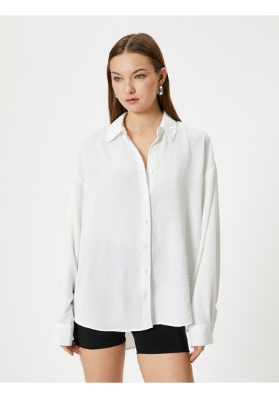 Koton Oversize Gömlek Uzun Kollu Dokulu Beyaz 4sal60166ıw Beyaz