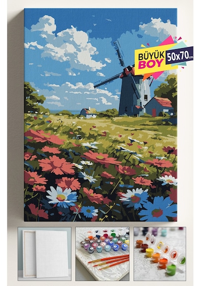 Sayılarla Boyama Seti Numaralı Tuval Fırça Boya Dahil Kasnaklı Set 50x70 Cm - Yel Değirmeni