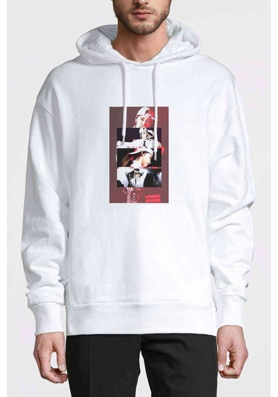 Moonbyul Baskılı Beyaz Erkek Örme Kapşonlu Sweatshirt