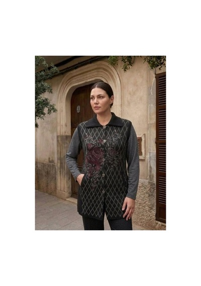 Onno Style Women Ekose Gül Pike Desenli Çelik Örgü Kadın Triko Yelek Kaban Siyah