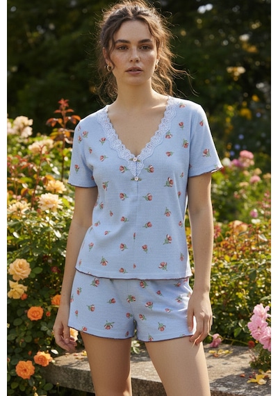 Siyah İnci Dantelli Bürümcük-krınkıl Kısa Kollu Şortlu Pijama Takım 26120227 mavi Siyah İnci Dantelli Bürümcük-krınkıl Kısa Kollu Şortlu Pijama Takım 26120227 mavi