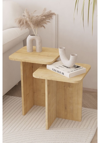 Kare Zigon Sehpa Takımı, 2 Li Set, Yan Sehpa - Safir Meşe