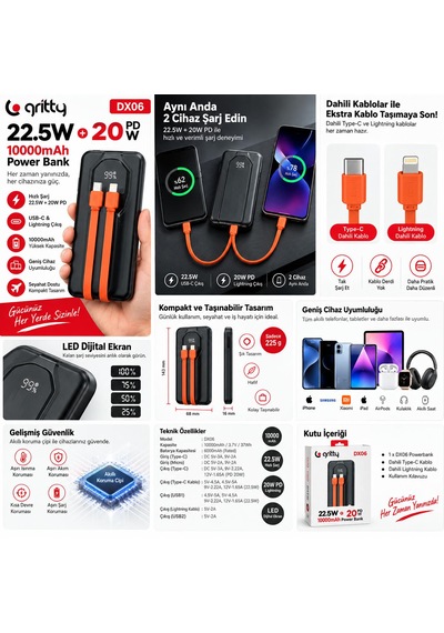 Dx06 10000mah 22.5w + 20w Pd Hızlı Şarj Powerbank Siyah