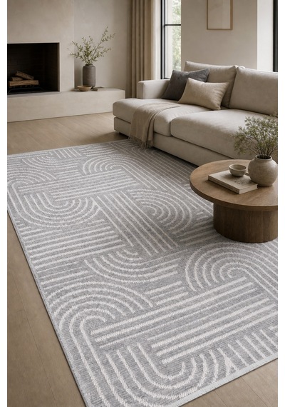 Zelve Geometrik Gri/beyaz Kaymaz Taban Yıkanabilir Salon Halısı