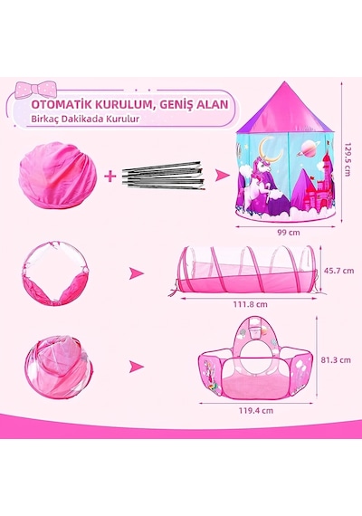 Unicorn Çocuk Oyun Çadırı, 3'ü Bir Arada, Top Havuzu, Oyun Çadırı, Oyun Tüneli - Top Havuzlu Çadır Pembe