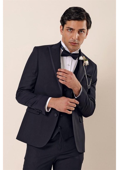 İmza Desenli Çıkarılabilir Kırlangıç Yaka Tam Astar Yelekli 6 Drop Slim Fit Dar Kesim Smokin Damatlık 1001225203-Koyu Lacivert İmza Desenli Çıkarılabilir Kırlangıç Yaka Tam Astar Yelekli 6 Drop Slim Fit Dar Kesim Smokin Damatlık 1001225203-Koyu Lacivert