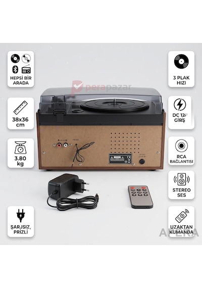 Nostaljik Ahşap Pikap Bluetooth Cd Ve Radyolu Adaptörle Çalışır Tüm Plaklara Uyumlu Müzik Seti Kn-140 Beyaz