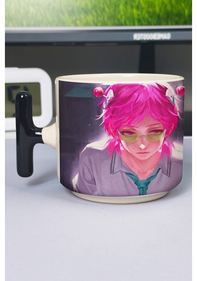 Saiki Kusuo Anime Baskılı Seramik Lüks Kupa 1 Adet T Şeklinde Özel Siyah Kulp Dalga Kulp V3t Çok Renkli
