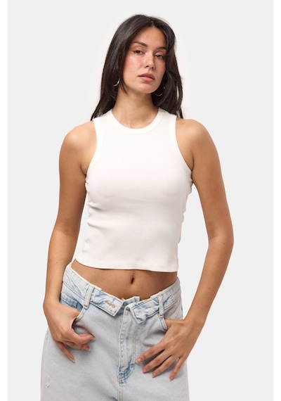 Kadın Ekru S6-101 Sıfır Kol Esnek Kumaş Crop Top