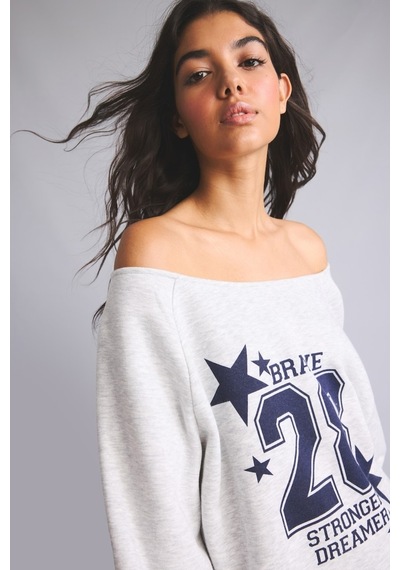 Defacto Oversize Kesik Kayık Yaka Baskılı Sweatshirt I0213ax26wngr110 Gri-gr110