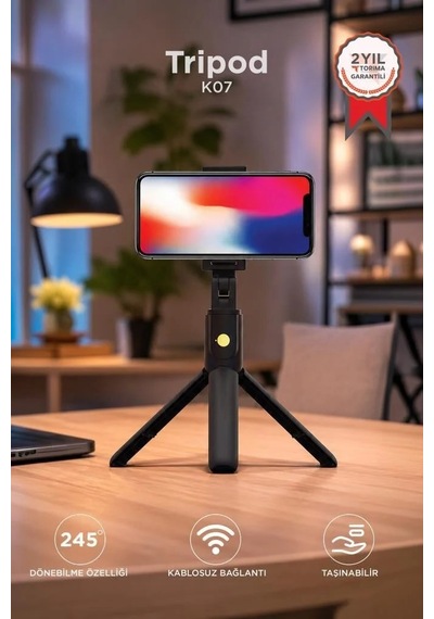 Premium Mobil Araç Çekim Aleti K07 Siyah Tripod Kumandalı Mini Selfie Çubuğu