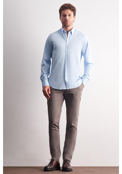 İmza Mavi Düğmeli Yaka Örme Uzun Kol Performans Ürün Slim Fit Esnek Gömlek 1004255270 Mavi