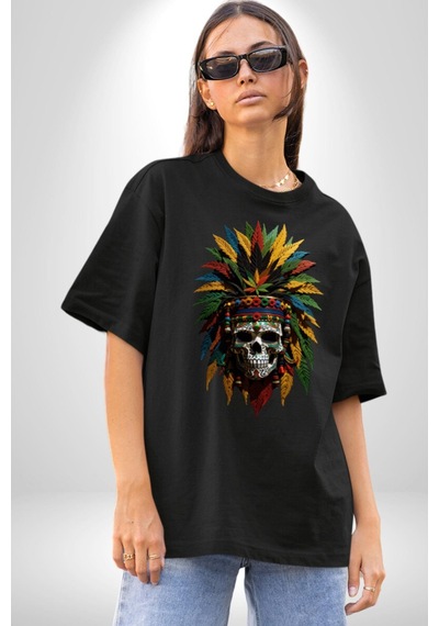 Kurukafa İskelet Kızılderili Tüy Kartal Şefi Pamuklu Bisiklet Yaka Unisex Oversize Boyfriend Dijital Baskılı Siyah T-shirt Siyah