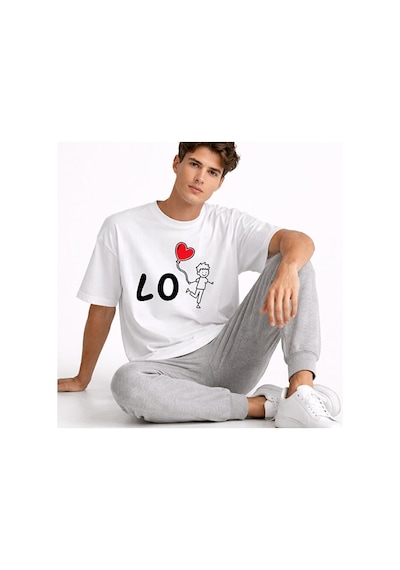 Sevgili Kombini Love Baskılı Çift Tişört Oversize Unisex Partner Beyaz
