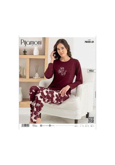 Pijamoni Kadın Milan Bisiklet Yaka Uzun Kol İnce Pijama Takımı 7600/21 - 1 Adet Bordo
