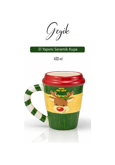 Yılbaşı Temalı El Yapımı Geyik Kupa, Hediyelik Kupa, Mug, 400 Ml Beyaz