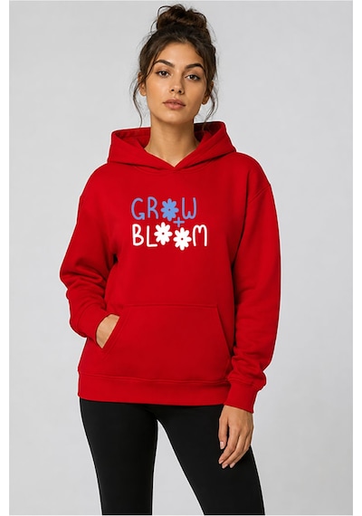 Herkesemoda Grow Bloom Baskılı Kapüşonlu 2 İplik Şardonlu Sweatshirt Kırmızı
